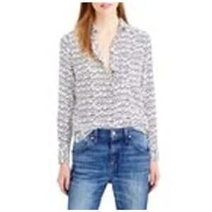 J.Crew Women’s White Silk Button-Up Shirt – Black Key Print, Club Collar Size 0